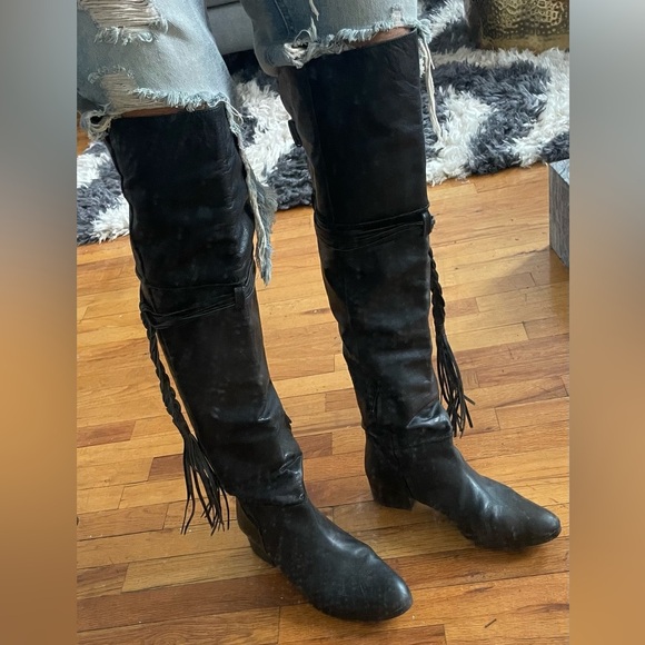 *RARE* Zara black leather over the knee riding boots with braided fringe 9.5